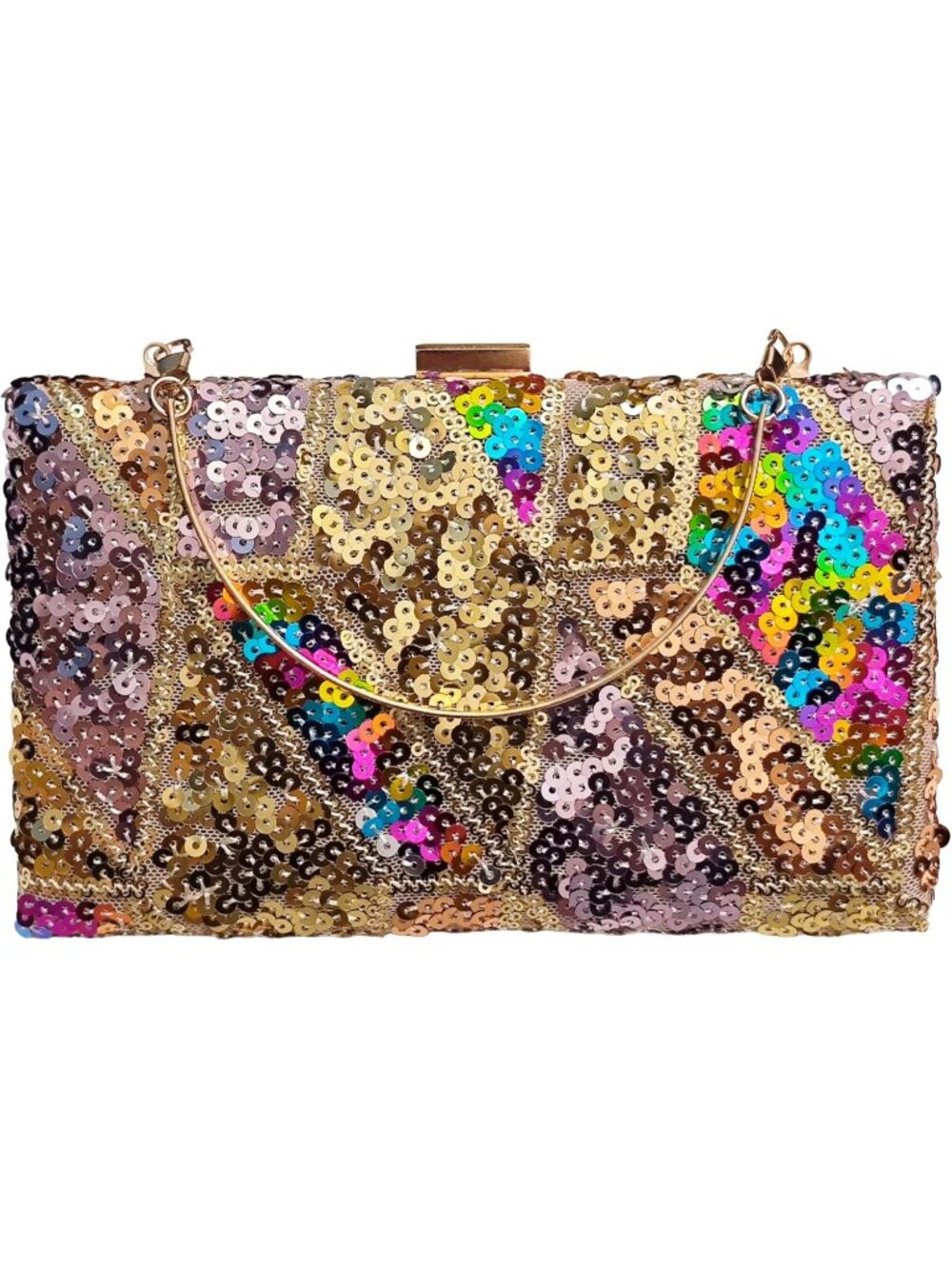 Women's Rainbow Gold Sparkly Sequin Top Handle Clutch Purse Evening Handbag